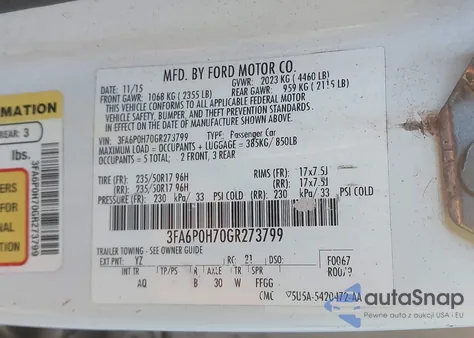 2016 Ford Fusion Se z USA, uszkodzony, nr VIN 3FA6P0H70GR273799